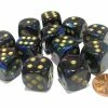 Other Dice Chessex 16mm Lustrous Shadow/Gold 12ct D6 Set (27699)