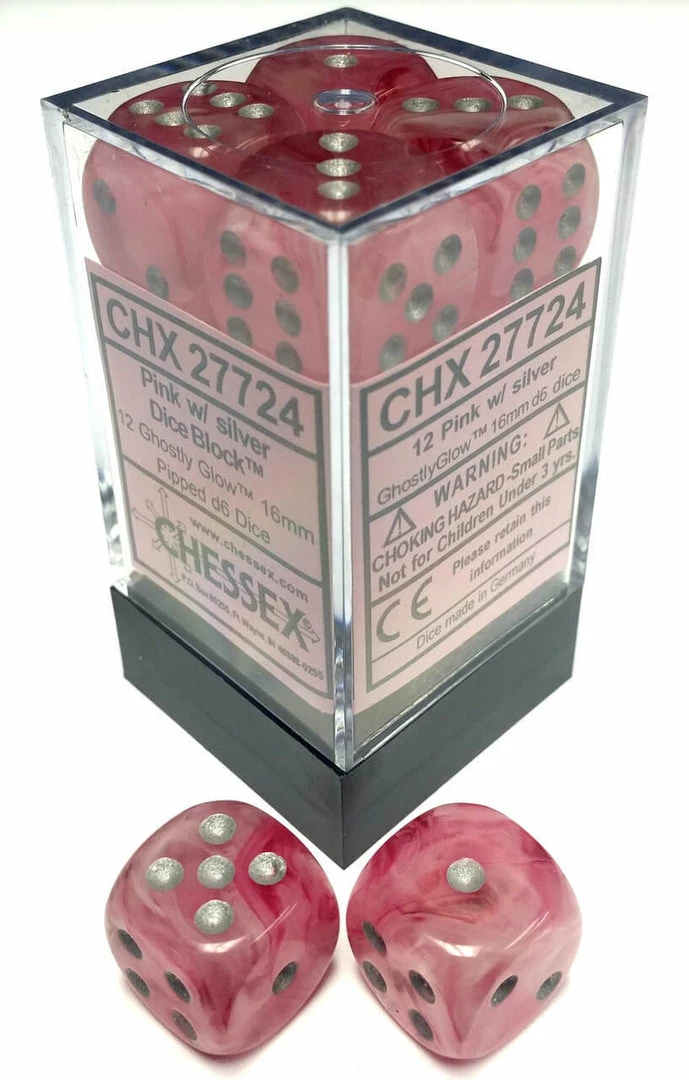 Other Dice Chessex 16mm Ghostly Glow Pink/Silver 12ct D6 Set (27724)