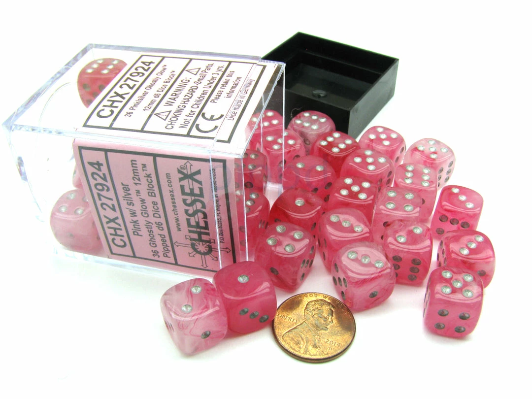 Other Dice Chessex 12mm Ghostly Glow Pink/Silver 36ct D6 Set (27924)