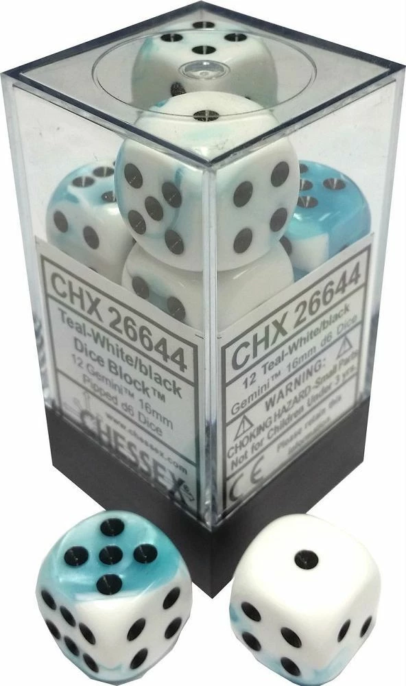 Other Chessex 16mm Gemini Teal White/Black 12ct D6 Set (26644)