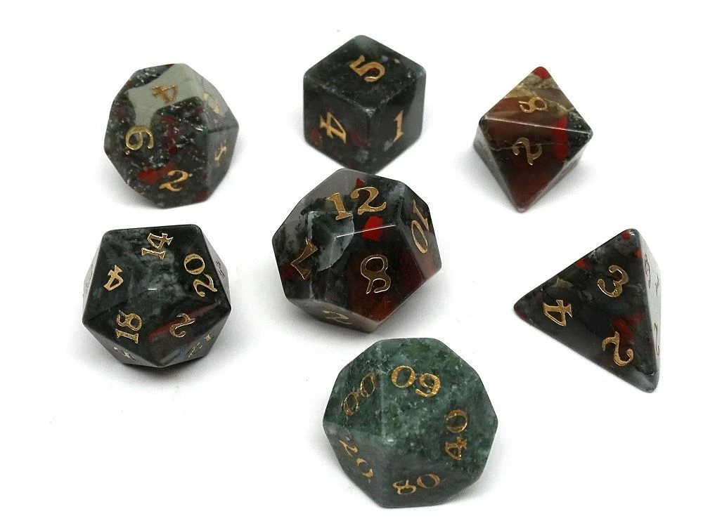 Other African Bloodstone Semi-Precious Gemstone 7ct Polyhedral Dice Set With Signature Font Gemstone Dice