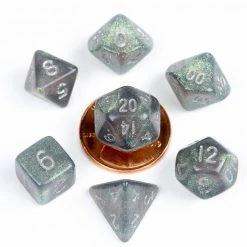 Common Ground Games Metallic Dice Games 7ct 10mm Mini Polyhedral Dice Set Stardust Gray W/ Silver