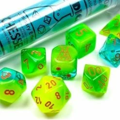 Common Ground Games Chessex Lab Dice Wave 5 7ct Polyhedral Set Gemini Plasma Green-Teal/Orange Luminary (30048)