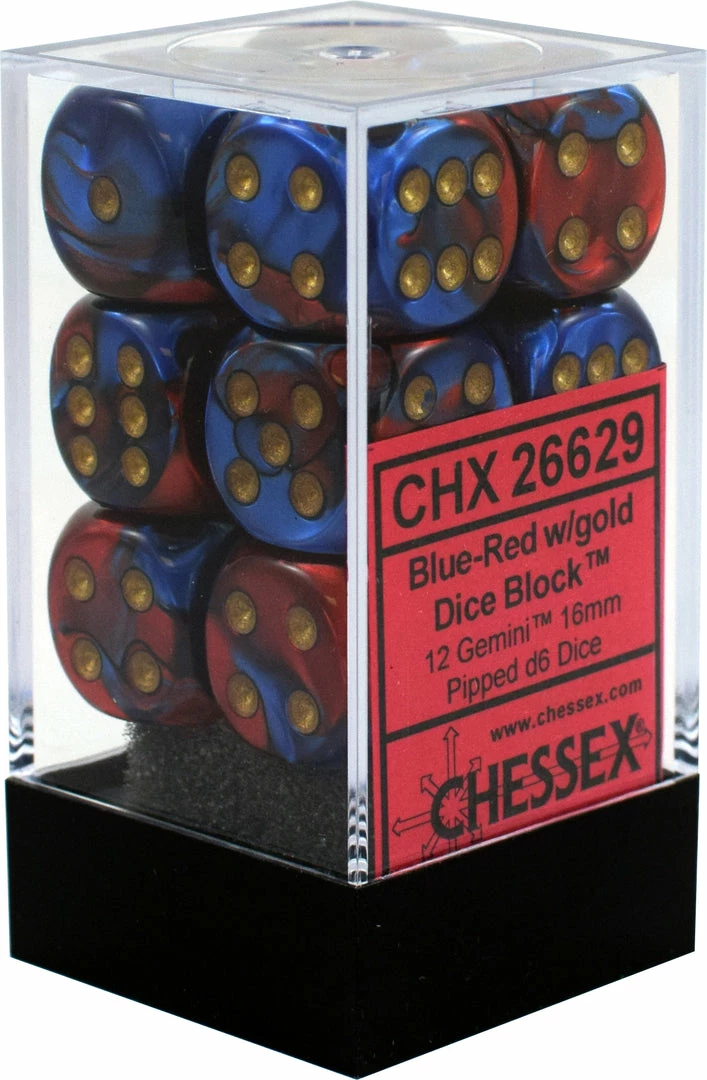 Other Dice Chessex 16mm Gemini Blue-Red/Gold 12ct D6 Set (26629)