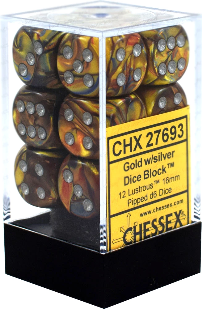 Other Dice Chessex 16mm Lustrous Gold/Silver 12ct D6 Set (27693)