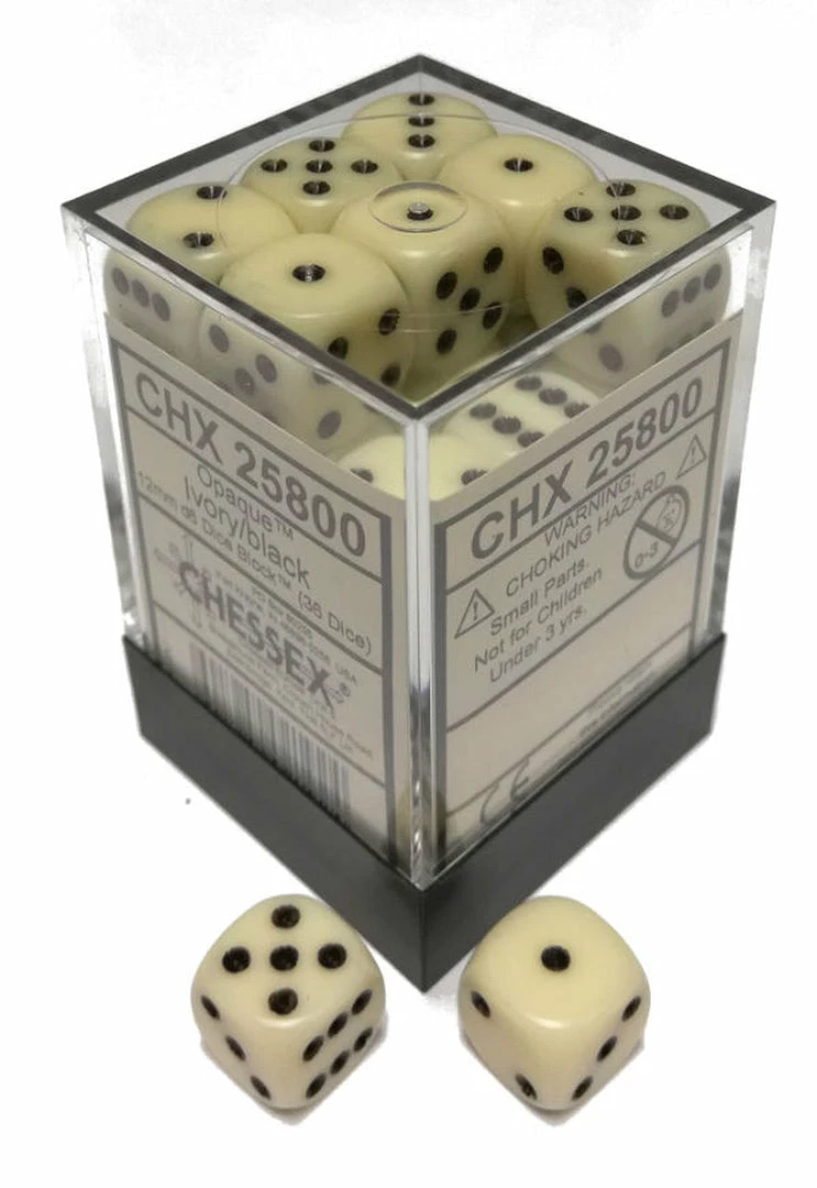 Other Dice Chessex 12mm Opaque Ivory/Black 36ct D6 Set (25800)