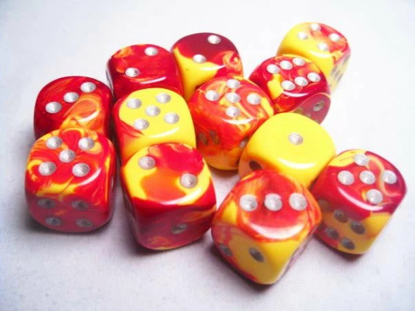 Other Dice Chessex 16mm Gemini Red-Yellow/Silver 12ct D6 Set (26650)