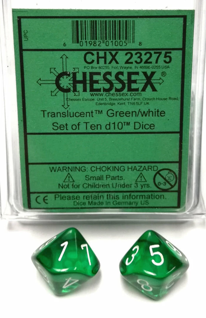 Other Chessex Translucent Green/White 10ct D10 Set (23275) Dice