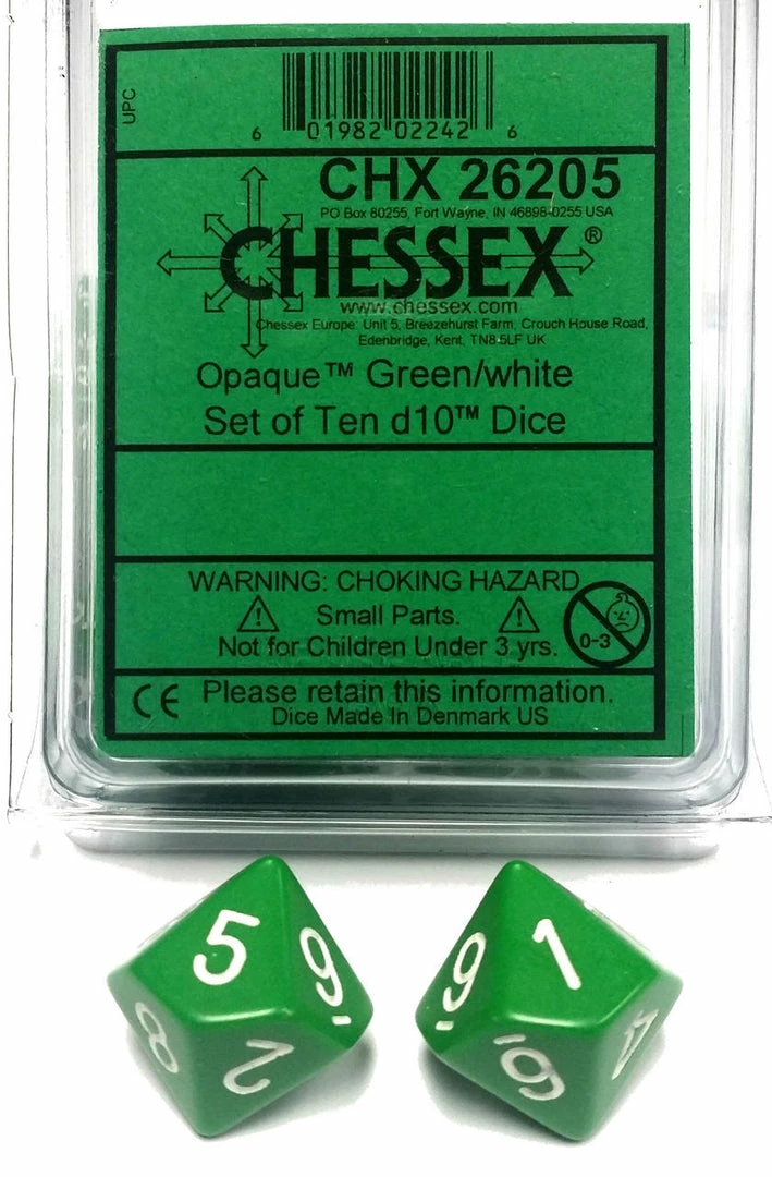 Other Chessex Opaque Green/White 10ct D10 Set (26205) Dice