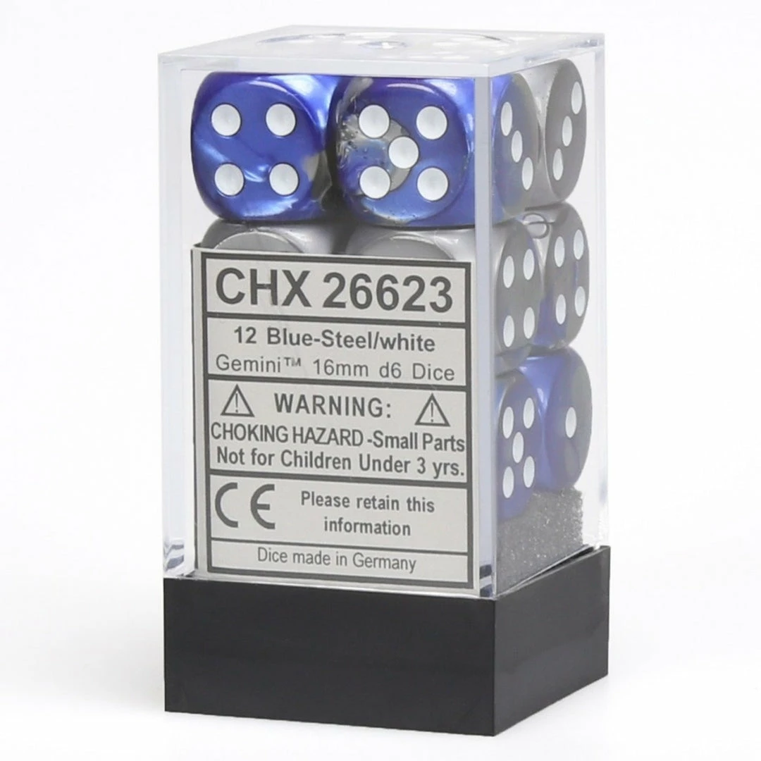 Other Chessex 16mm GeminiBlue-Steel/White 12ct D6 Set (26623) Dice