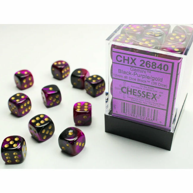 Other Dice Chessex 12mm Gemini Black Purple/Gold 36ct D6 Set (26840)