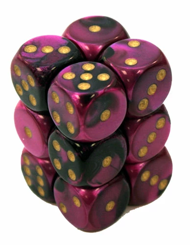 Other Dice Chessex 16mm Gemini Black-Purple/Gold 12ct D6 Set (26640)